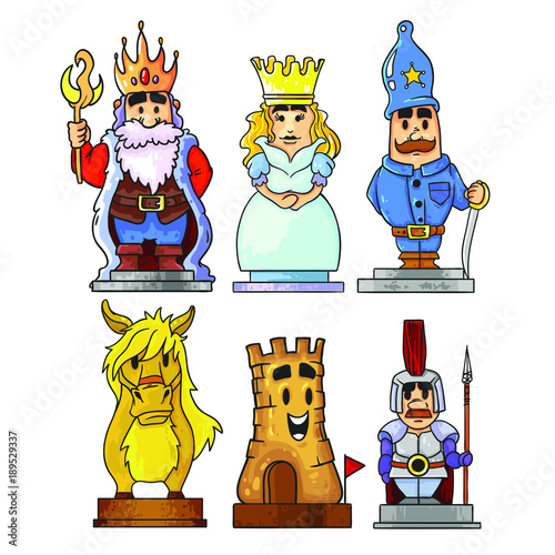 Vector characters for chess. King, queen, bishop, knight, rook / castle, pawn. White chess. Isolated on white background. Cartoon style.
