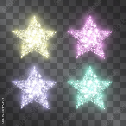Glitter star vector light shining cluster set. Suitable for glowing sparkle decoration of advertising posters, invitations, illustrations. Luxurious glittering detail for modern design.