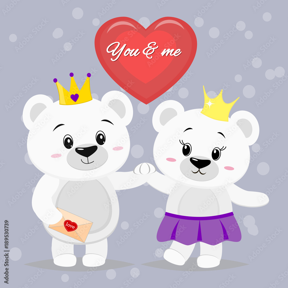 Two beautiful polar bear with crowns on their heads stand with their hands, a red heart in a cartoon style.