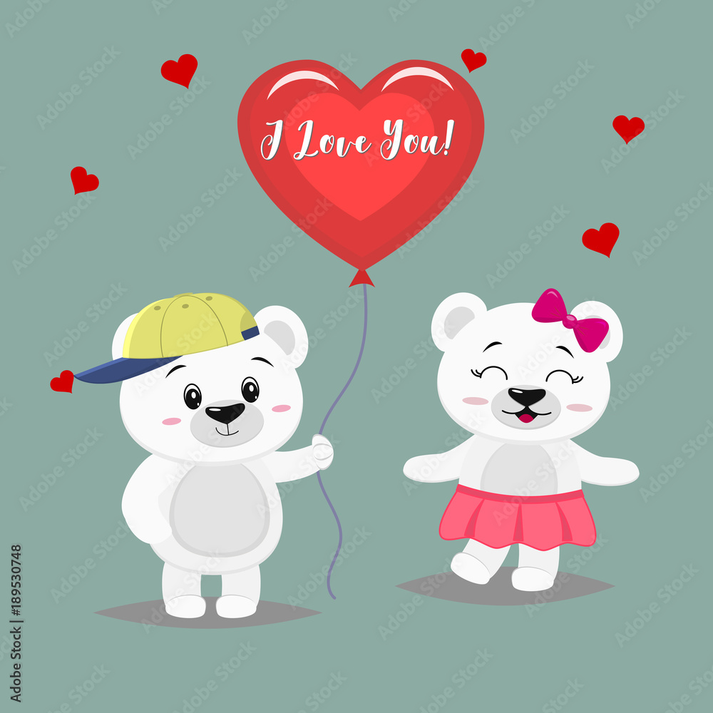 Two cute polar bear stand, the boy is holding a red ball, girl panda in a pink skirt and with a bow, in cartoon style. Two cute polar bear stand, the boy is holding a red ball, girl panda in a pink skirt and with a bow, in cartoon style.