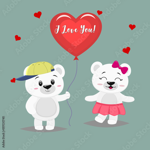 Fototapeta Naklejka Na Ścianę i Meble -  Two cute polar bear stand, the boy is holding a red ball, girl panda in a pink skirt and with a bow, in cartoon style.