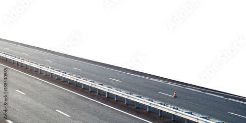 Asphalted highway isolated on the white background. Panorama empty motorway. High-speed road of the city. Barrier, guarding rail photo