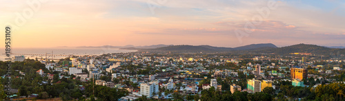 DUONG DONG, PHU QUOC, VIETNAM - NOVEMBER 21, 2017: Beautiful panoramic view from the high on town, sea, bay and hills at sunset