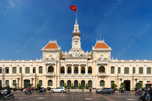 HO CHI MINH, VIETNAM - NOVEMBER 23, 2017: View on People’s Committee Building - French colonial style. Day time, good sunny weather