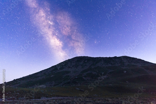 Canvas Print Meteors & Milky way galaxy as seen from Gangabal Campsite on the Kashmir great lakes trek at Sonamarg, Jammu and Kashmir, India