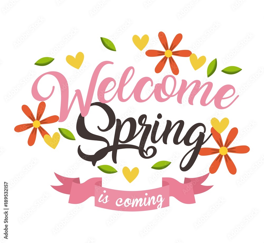 welcome spring is coming floral ribbon decorative vector illustration