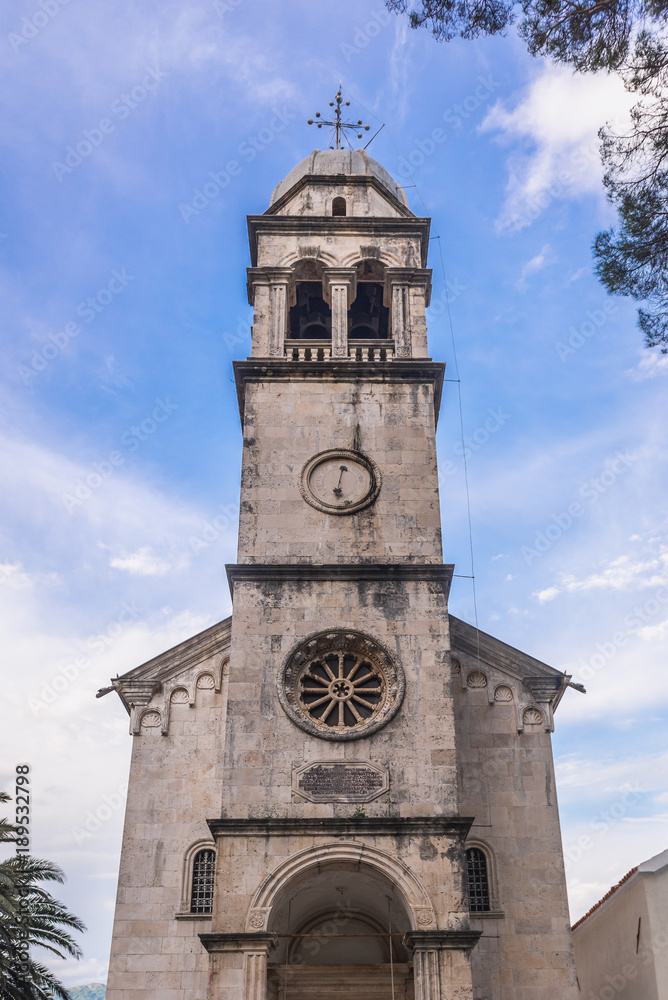 Belfry of Dormition Church of Savina Orthodox monastery in Herceg Novi coastal town in Kotor Bay, Montenegro