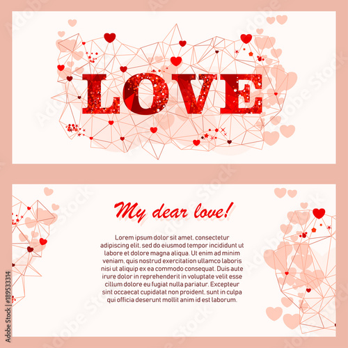 Greeting card with sparkling red text Love. Heart and Fashionable polygonal abstract mesh on beautiful pink background. For engagement, wedding, Valentine Day. Horizontal design.