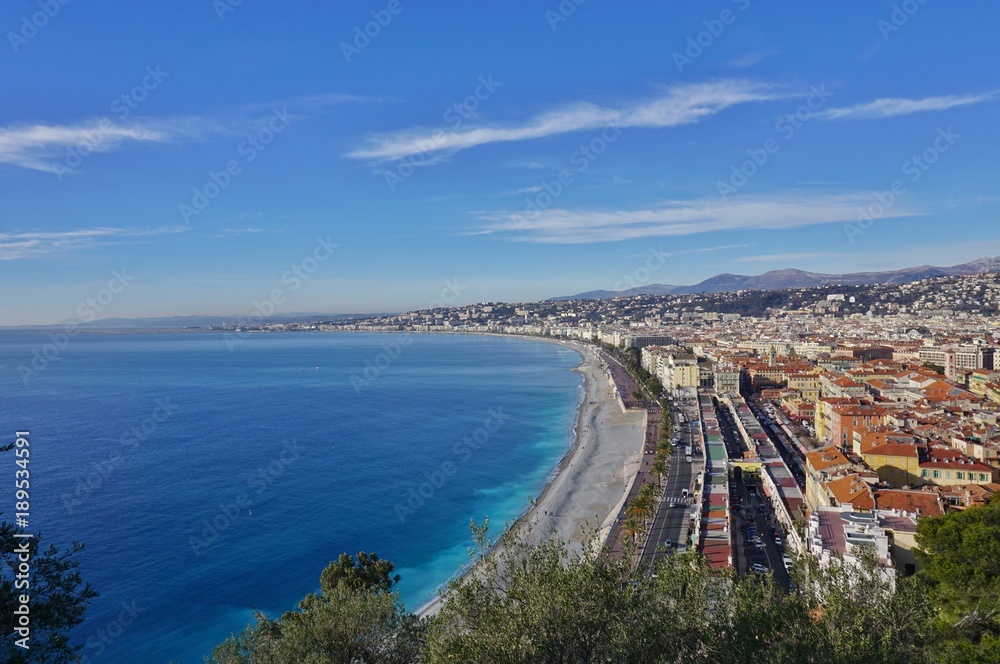 View of the Promenade des Anglais along the Mediterranean Sea in Nice, France