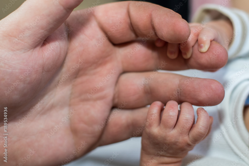Hand eines Babys greift nach Papas Fingern Hand eines Babys greift nach Papas Fingern