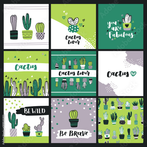 Set of cute cactus lover greeting cards. Collection of templates with succulents in flower pots, heart-shaped cacti and hand lettering phrases.