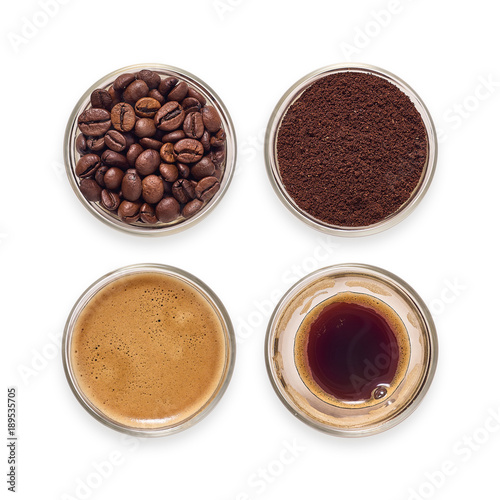 Espresso glasses filled with beans, ground coffee and freshly brewed coffee.