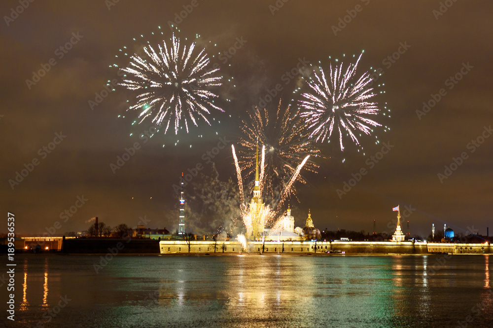 Firework on the Neva River at night. Saint Petersburg, Russia