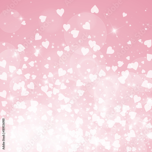 Falling hearts valentine background. Bottom gradient on pink background. Falling hearts valentines day bizarre design. Vector illustration.