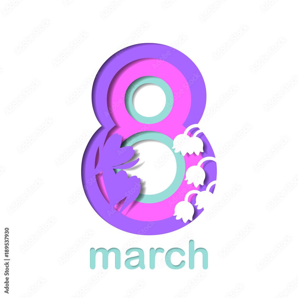 Text 8 March with silhouette of flowers in papercut style. laconic design of banner or card for the International Women's Day. Text 8 March with silhouette of flowers in papercut style. laconic design of banner or card for the International Women's Day.