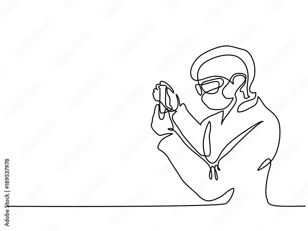 Scientist woman investigate solution in vitro in laboratory. Continuous line drawing. Vector illustration on white background