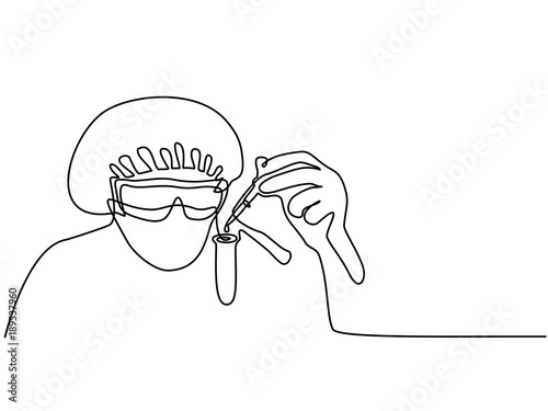 Scientist woman investigate solution in vitro in laboratory. Continuous line drawing. Vector illustration on white background