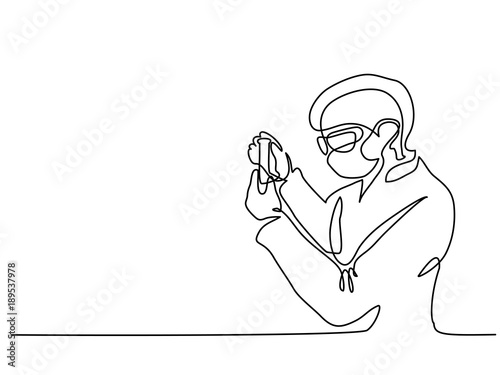 Scientist woman investigate solution in vitro in laboratory. Continuous line drawing. Vector illustration on white background