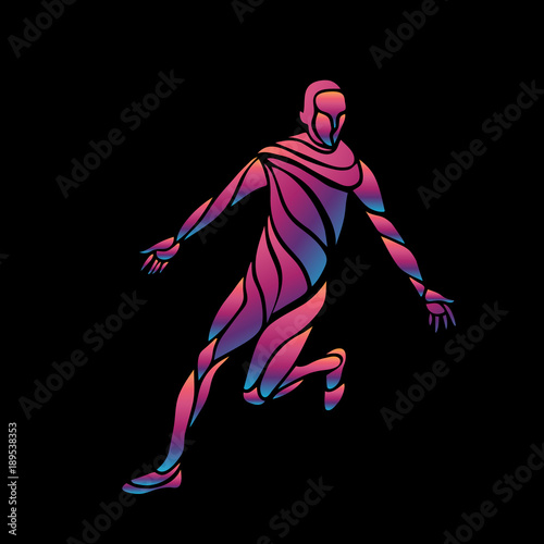 Soccer player kicks the ball. The colorful vector illustration on black background. © kluva