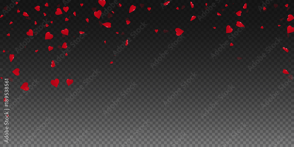 3d hearts valentine background. Falling rain on transparent grid dark background. 3d hearts valentines day fetching design. Vector illustration.
