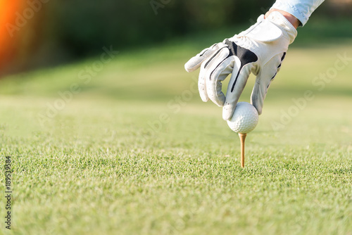 hand of woman golf playerpush wooden tee with golf ball on the grass tee off, to be ready for hit the ball to the fairway
