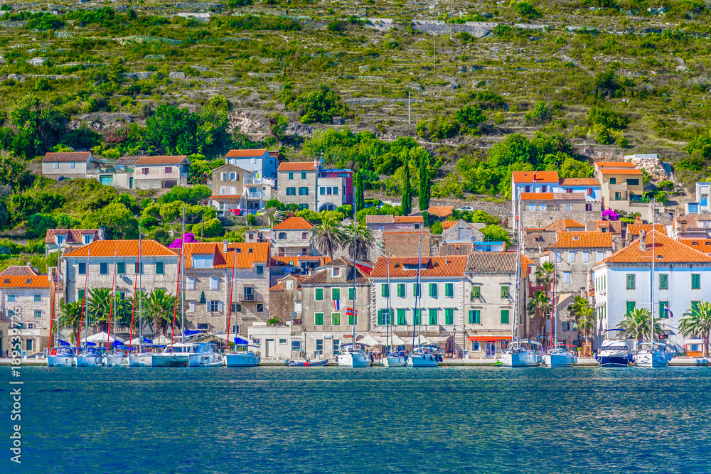 Vis town coastline scenic. / Seafront scenery in mediterranean island Vis, croatian travel summer places.