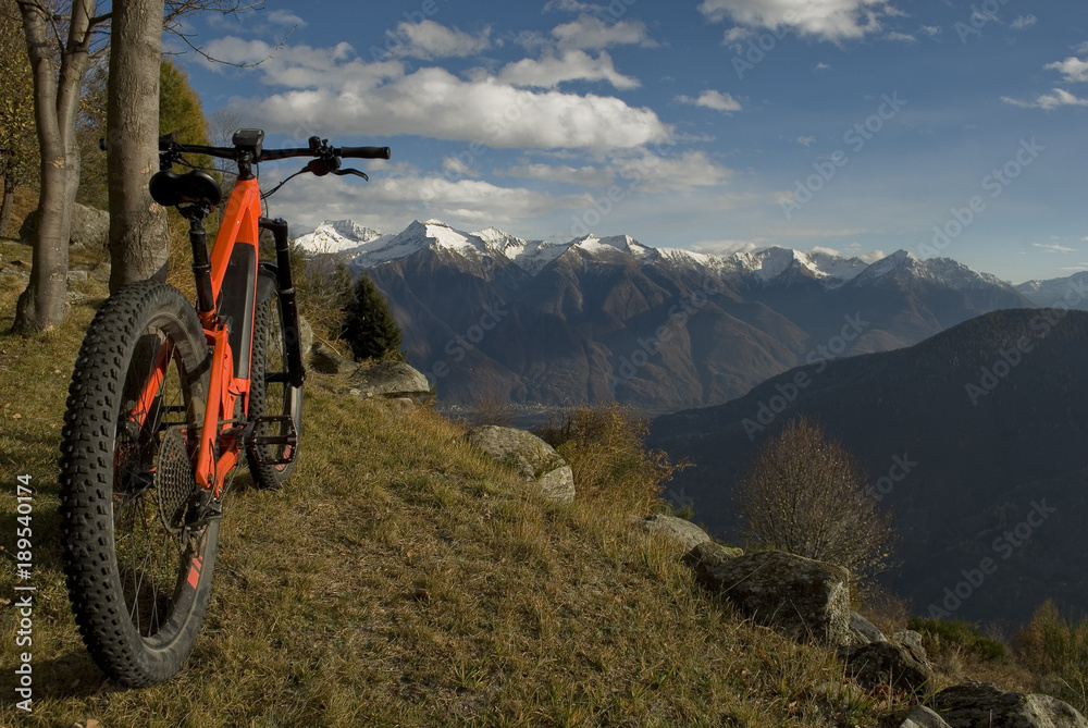ebike, e-bike, electric bicycle, high mountain, leaning against tree, detail of handlebars, wheels, saddle, display, alps landscape, snow covered tops, autumn, winter, Antrona Valley, Piedmont, Italy