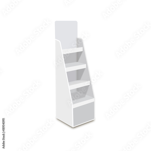 White Long Blank Empty Showcase Displays With Retail Shelves. 3D Products On White Background Isolated. Ready For Your Design Avy Scott