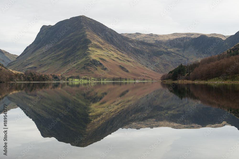 Lake reflection in Lake District, UK.