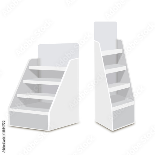 White Long Blank Empty Showcase Displays With Retail Shelves. 3D Products On White Background Isolated. Ready For Your Design Avy Scott