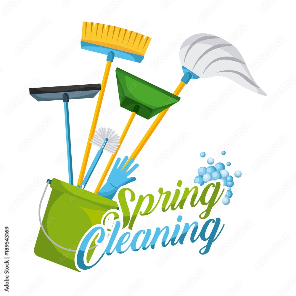 spring cleaning letter decorating and equipment domestic tools vector illustration