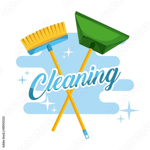 cleaning broom and dustpan color stroke background vector illustration