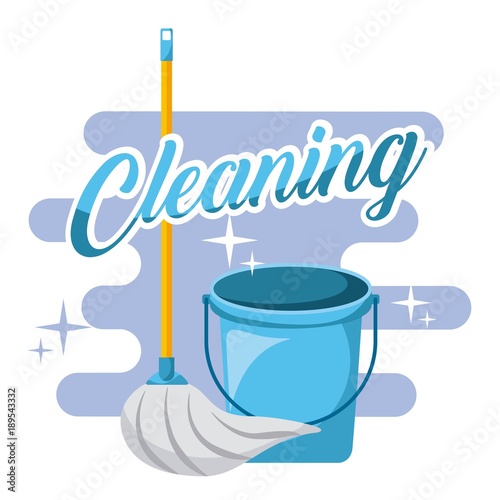 cleaning blue bucket and mop tools vector illustration