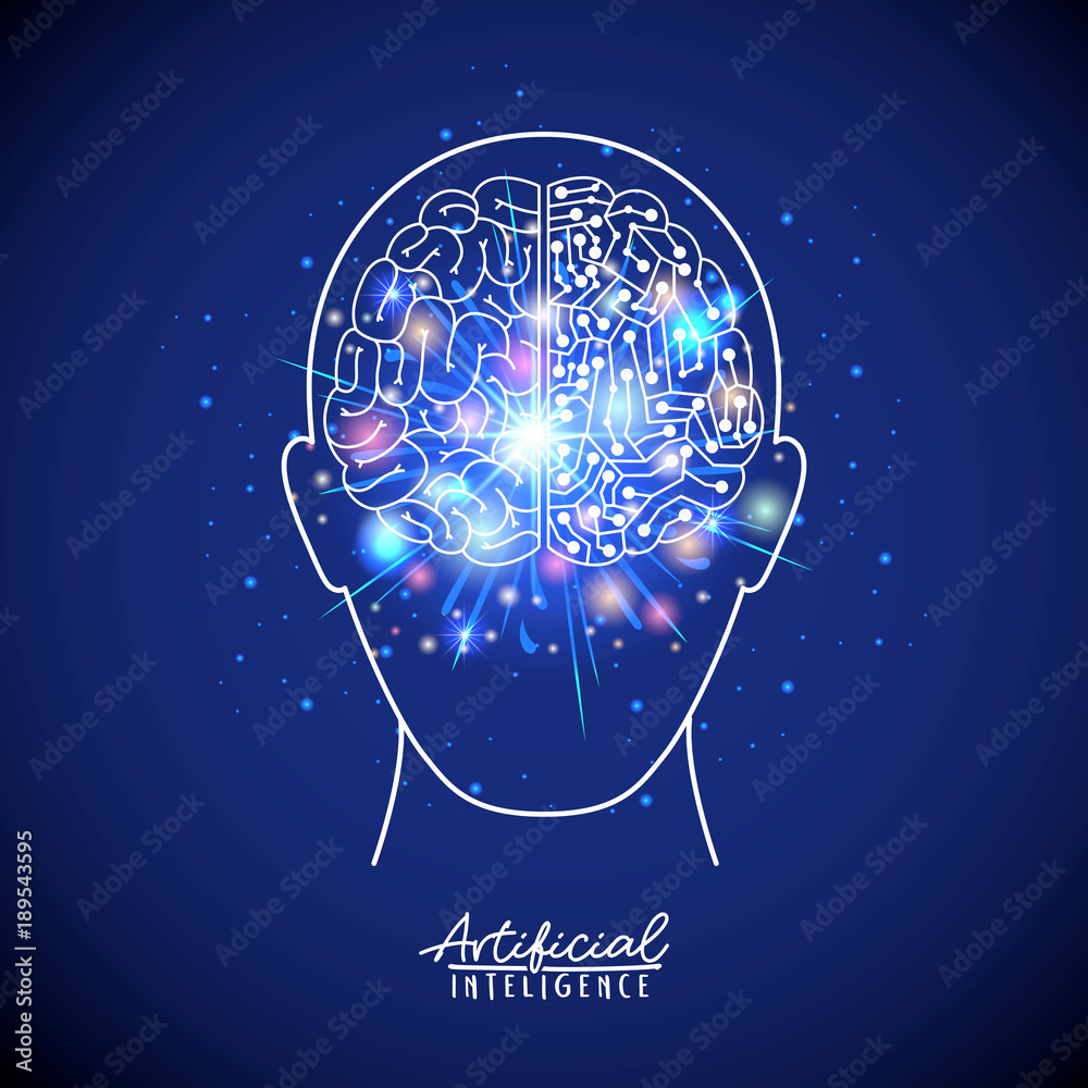 artificial intelligence poster with human head silhouette with brain in ...