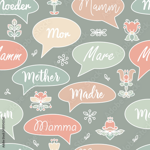 Seamless pattern with speech bubbles and words Mother. Vector.