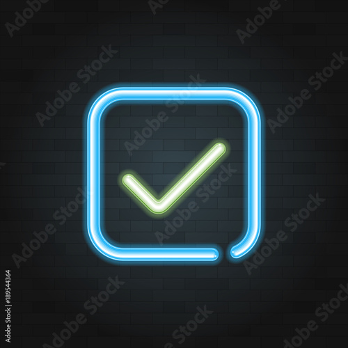 Check mark line symbol neon light in black brick background. Vector illustration