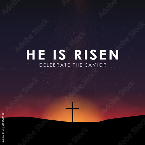 Christian easter scene, Saviour cross on dramatic sunrise scene, with text He is risen, vector illustration