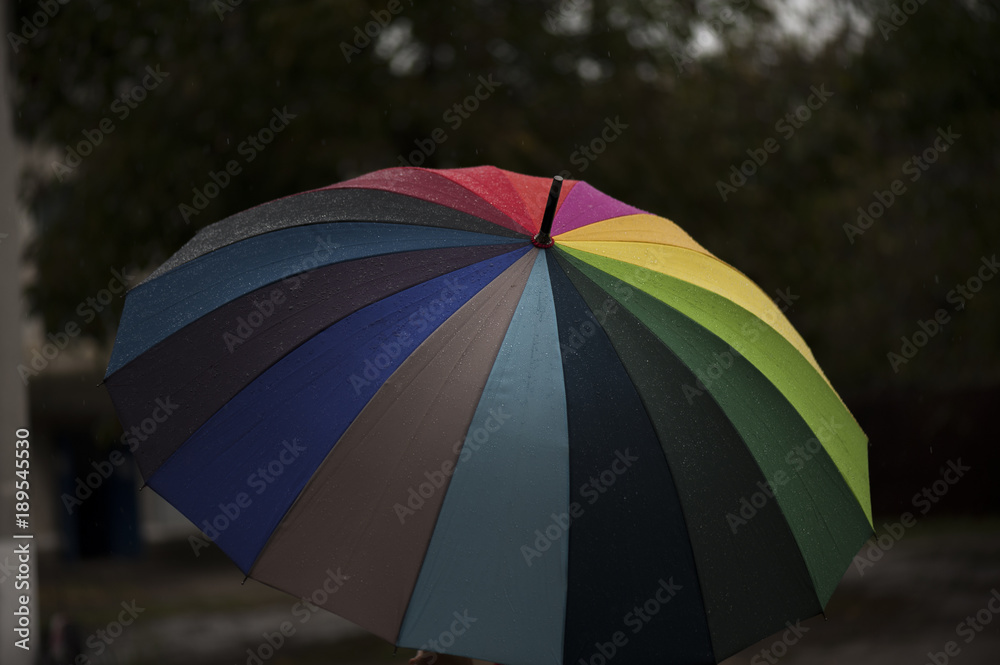 Close-up  umbrella in rainbow colors in rainy autumn day, blur focus