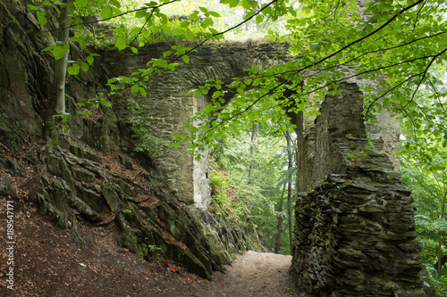 The stone gate in the forest with path