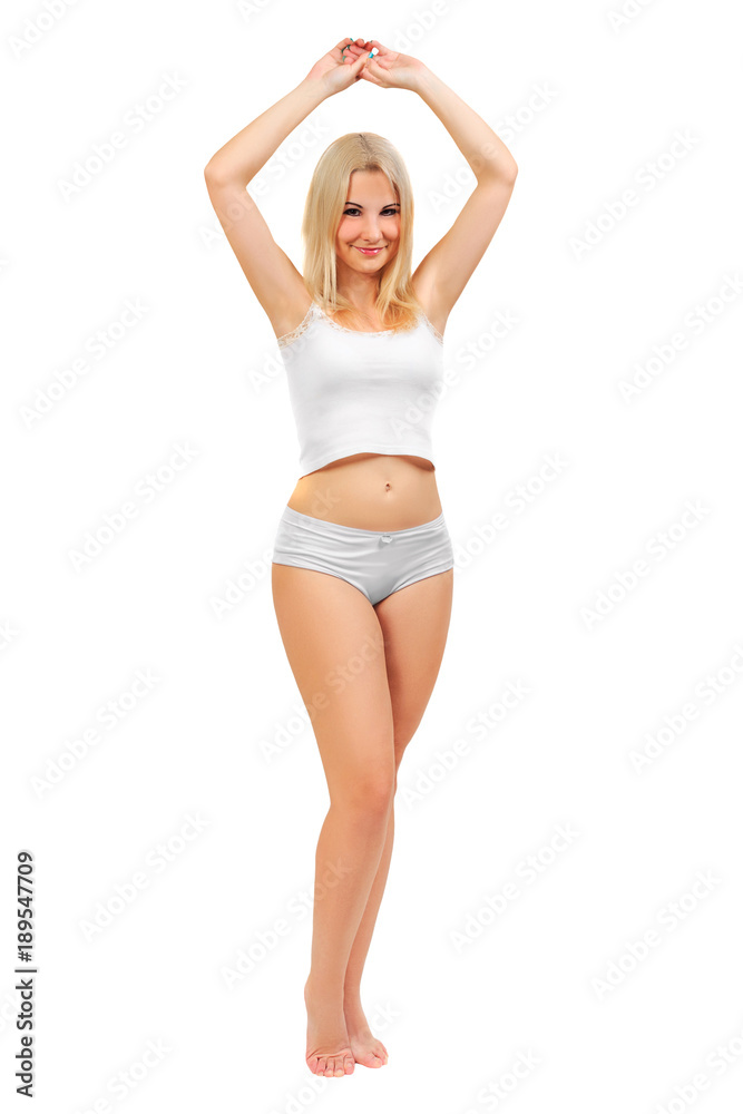 cute natural girl in a white t-shirt and shorts with a raised hand. the concept of hair removal cute natural girl in a white t-shirt and shorts with a raised hand. the concept of hair removal