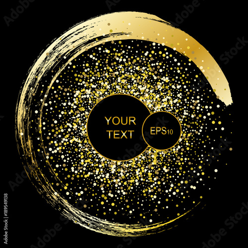 Black and gold background with circle frame and space for text. Vector glitter decoration, golden dust, party posters and flyers.