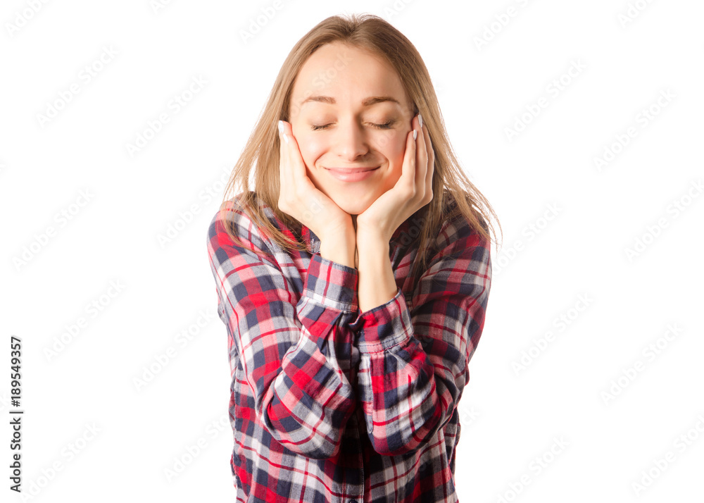 Woman in shirt smiling with closed eyes Woman in shirt smiling with closed eyes