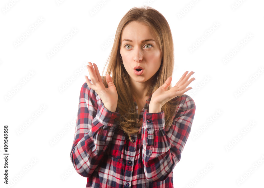 Woman in shirt surprised wow shock isolated Woman in shirt surprised wow shock isolated