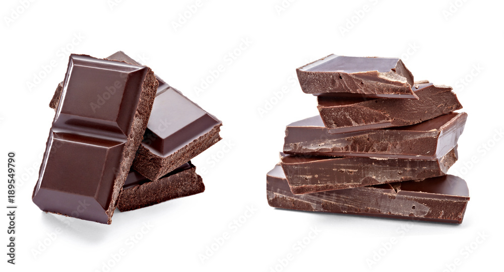 close up of chocolate pieces on white background close up of chocolate pieces on white background
