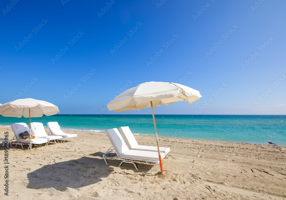 Lounge chairs and umbrellas in Miami Beach