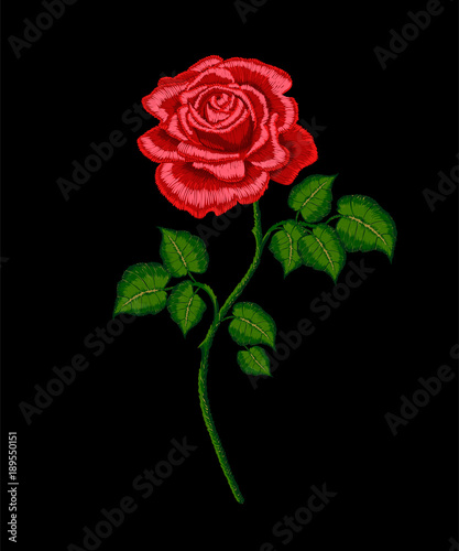 Embroidery red rose with stem. Vector embroidered floral design for fashion wearing.