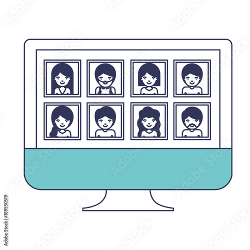 people gallery picture profiles social network in monitor screen in blue color sections silhouette vector illustration