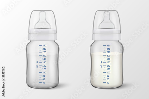 Realistic baby mother breast milk and water in two in baby milk bottles - icon set closeup isolated on white background. Sterile milk container design template, mockup for graphics