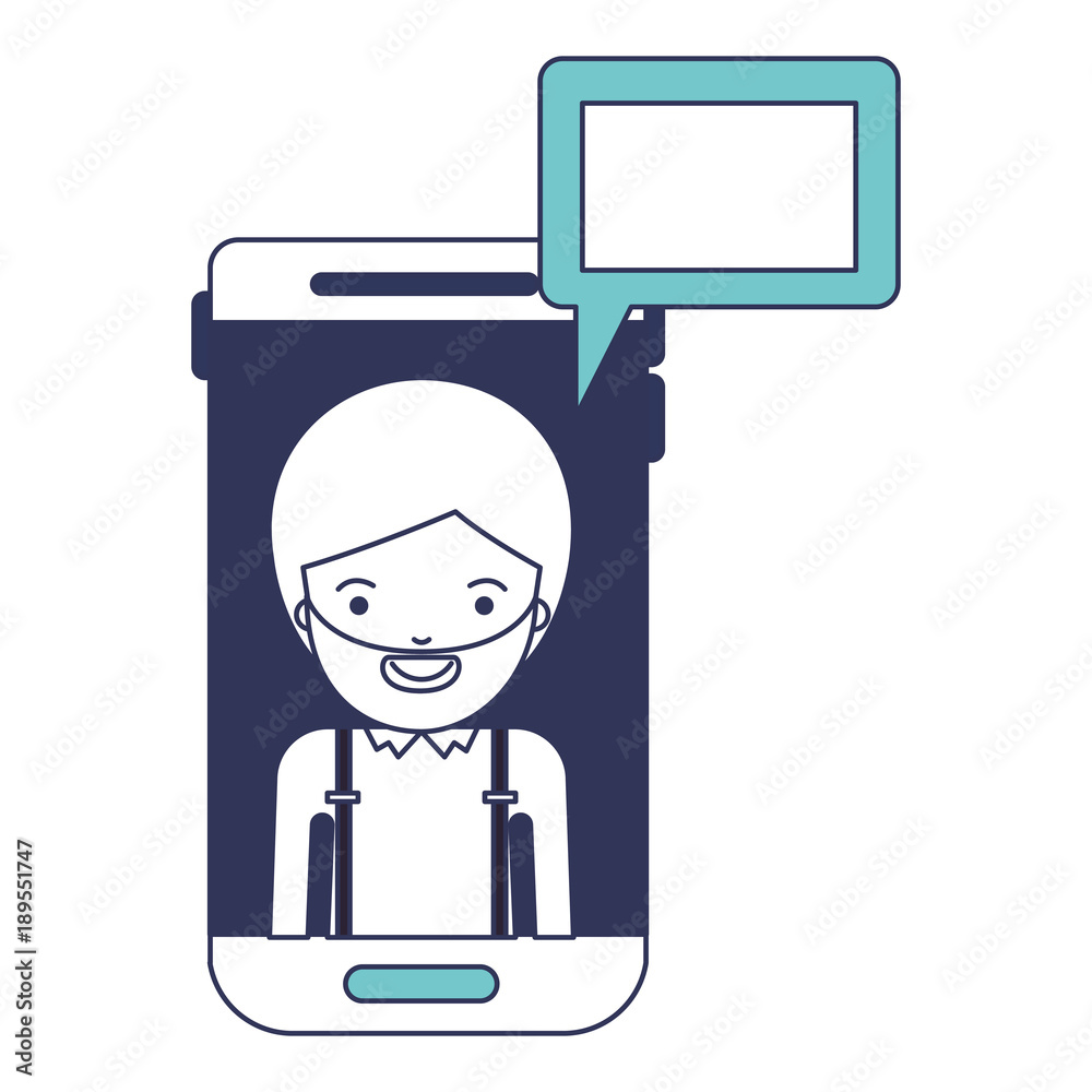 man social network smartphone screen dialogue in blue color sections silhouette vector illustration
