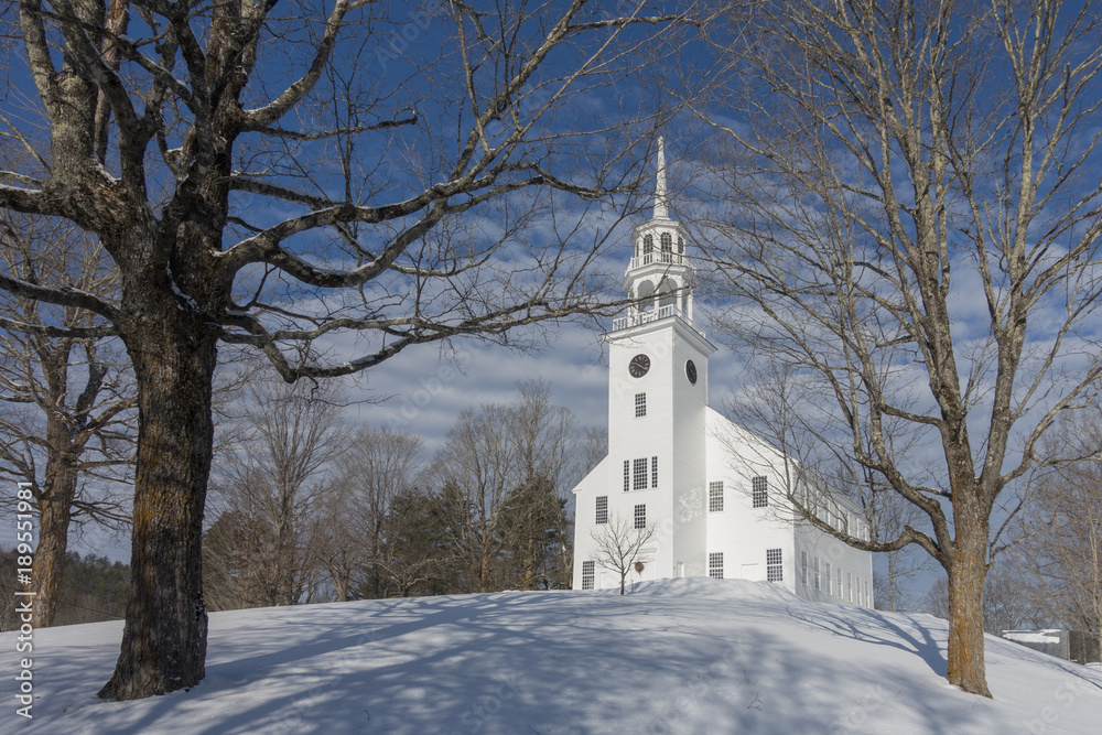White Vermont Church on a Snowy Hill